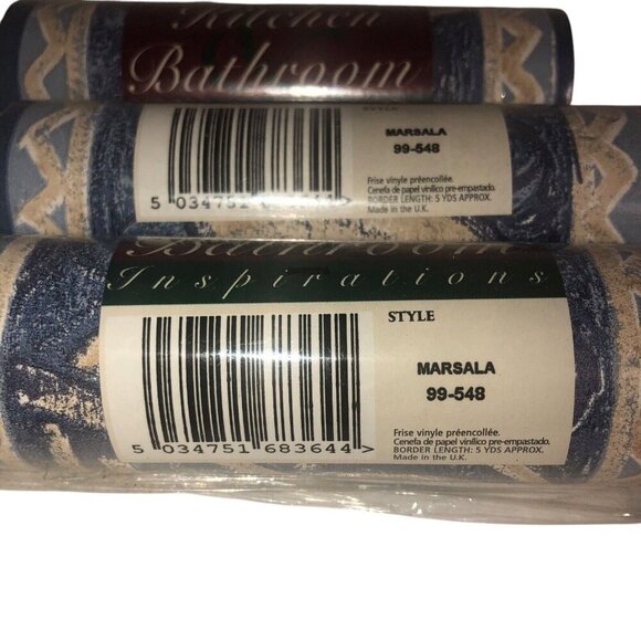 VYMURA "Marsala" 3 Rolls Shades Blue & Beige Leaf Design Vinyl Wallpaper Border - Picture 3 of 6